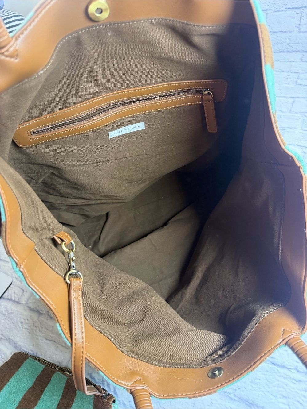 Anthropologie Teal and Brown Striped Shoulder Tote with Wristlet. Artsy. - Picture 5 of 12